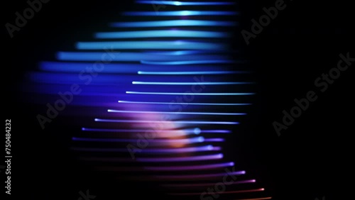 Rotation of 3D bright colored horizontal lines on black background. Abstract concept of artificial intelligence (AI), digital sound waves or big data. 4K looped animation of vibrant 3D soundwaves