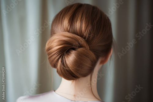 Back view of brunette woman with elegant hair bun style