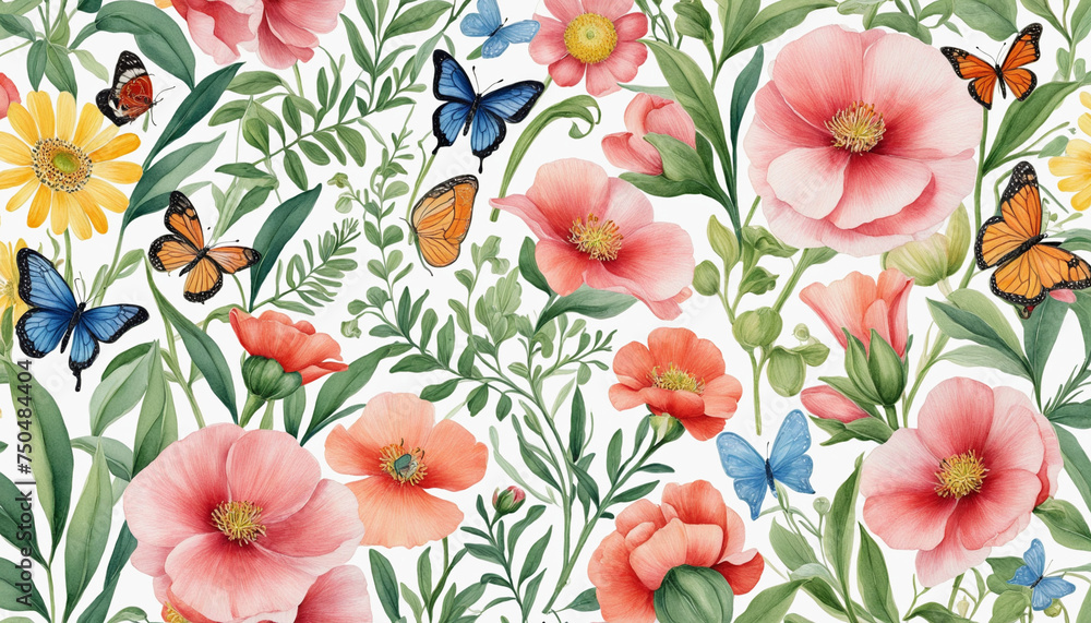 Watercolor wild flowers with butterflies illustration