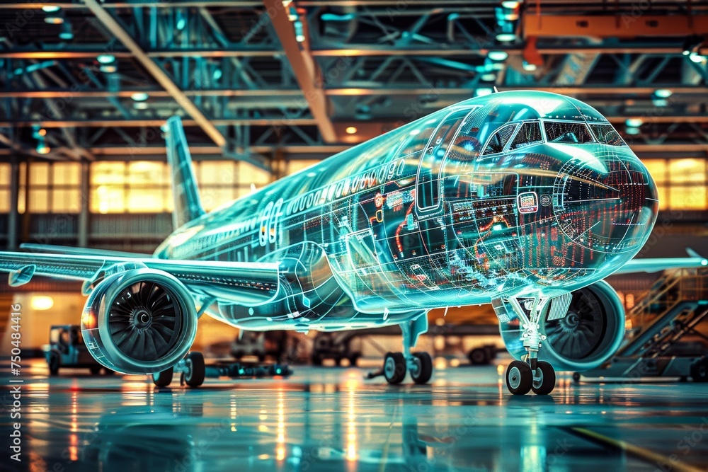 Obraz premium A highly detailed digital rendering of an airplane showcasing its internal mechanics and systems in a hanger setting