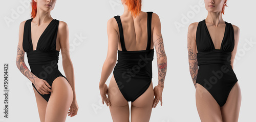 Black beach swimsuit mockup on slim model with tattoo, fashion monokini set for design, branding, pattern, front, back view.