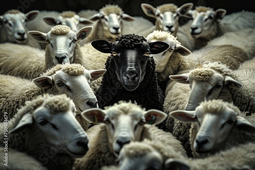 In this captivating image, a black sheep confidently stands out amongst a crowd of white sheep, drawing the eye directly