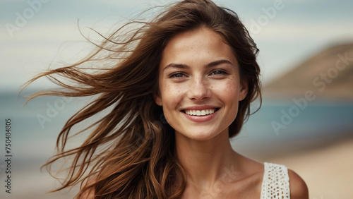 A beautiful young caucasian girl with dark hair smiles happily.