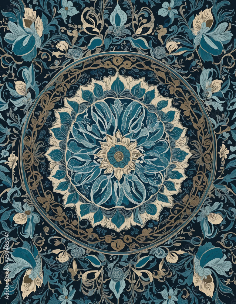 blue background with circles and blue floral shapes 