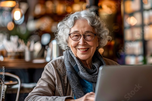 Senior woman with glasses enjoying technology as she uses a laptop in a cafe, reflecting lifelong learning