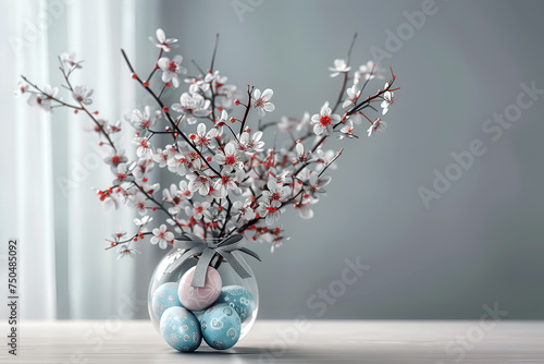 The vase with spring branches and decorated Easter eggs