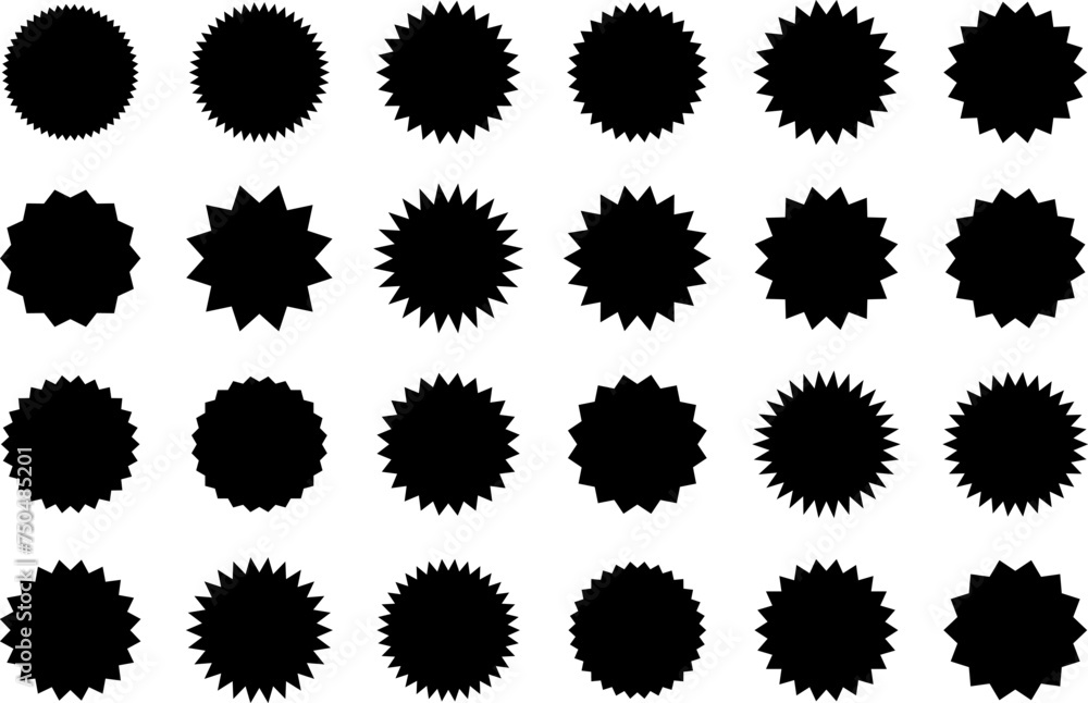 Starburst black sticker set - collection of special offer sale oval and round shaped sunburst labels and badges. Promo stickers with star edges. Vector. Starburst black sticker set - collection of special offer sale oval and round shaped sunburst labels and badges. Promo stickers with star edges. Vector.