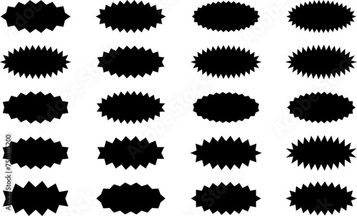 Starburst black sticker set - collection of special offer sale oval and round shaped sunburst labels and badges. Promo stickers with star edges. Vector.