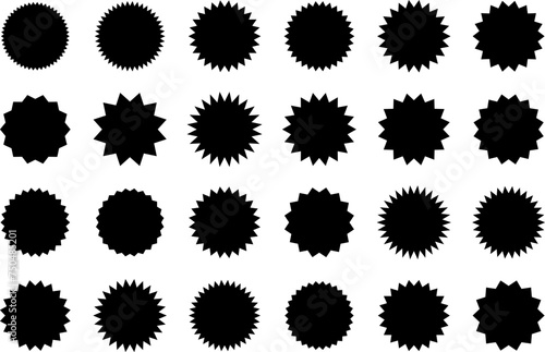 Starburst black sticker set - collection of special offer sale oval and round shaped sunburst labels and badges. Promo stickers with star edges. Vector.
