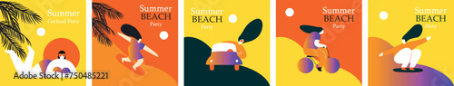 Hello Summer. Woman on the beach, car, skate, bike. Vector set illustration