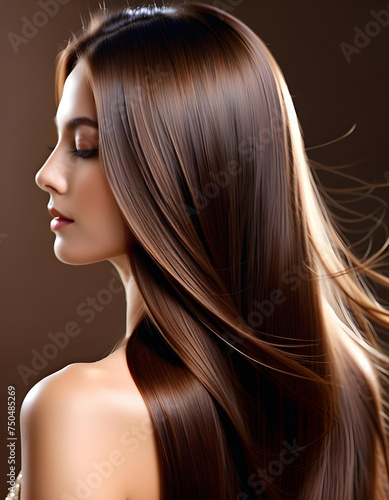 Back view of model woman with glossy brown smooth healthy long straight and shining hair waving in the wind and smooth skin of glowing natural beauty, For care and hair products,