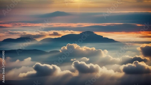 Ethereal timelapse: A breathtaking aerial vista reveals a kaleidoscope of colors as the sun sets above a blanket of clouds. Time-lapse. 4K.
 photo