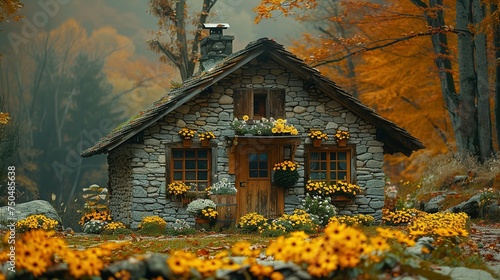 an old hut or barn made of stone against the background of beautiful autumn nature, cozy, decorated with flowers and vintage things