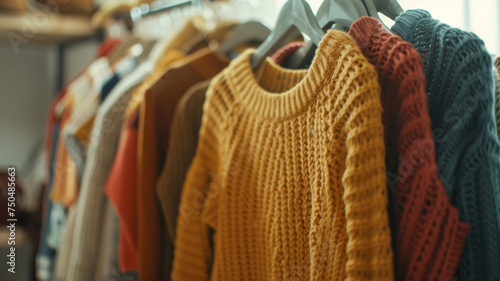 Colorful knitted sweaters await the winter season in a cozy apparel shop.