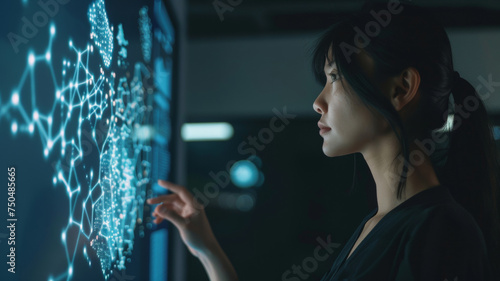 A woman interacts with futuristic holographic technology in a dark room.