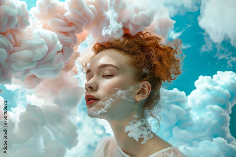 A dreamy and artistic portrait showcases a woman amidst whimsical clouds and foam, evoking a sense of creativity and serenity