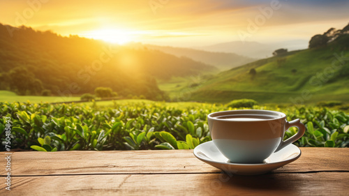 A white cup of tea on the wooden table with tea plantation background at beautiful sunrise