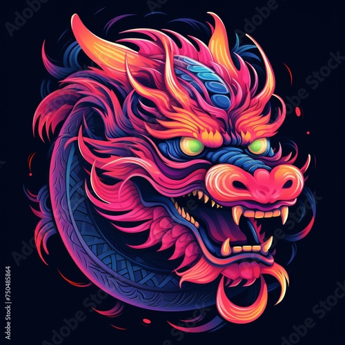 Colourful dragonhead logo illustration on a black background 