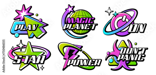 Retro Y2K logo set. Acid gradient color lettering logos for shirt, streetwear. Sticker, badges, slogan typography vector icon design illustration with star, button, planet earth. Futuristic elements.