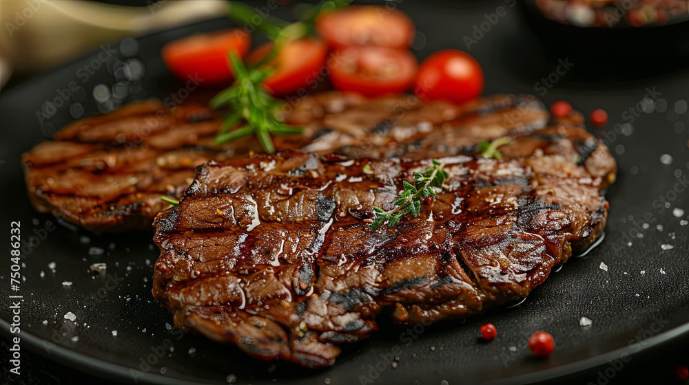 Juicy piece of grilled meat with rosemary and tomatoes on a black background Juicy piece of grilled meat with rosemary and tomatoes on a black background