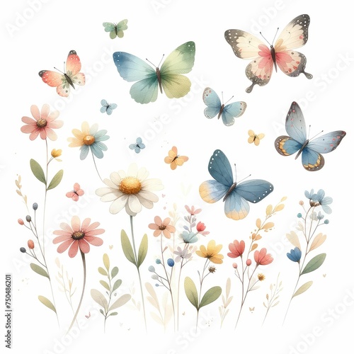 Butterflies fluttering among flowers. watercolor illustration, garden scene with butterflies fluttering among the blooms. 