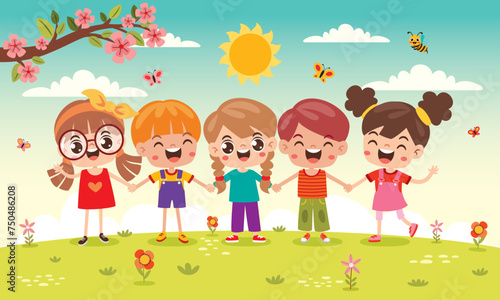 Cartoon Multicultural Kids Holding Hands
