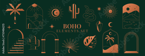 Boho elements set. Bohemian mystic line cactus, sun, moon, crystal, palm, stairs, desert landscape and arch frames design. Simple linear arch magic esoteric symbols, astrology icons on dark background