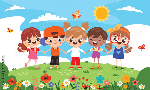 Cartoon Multicultural Kids Holding Hands