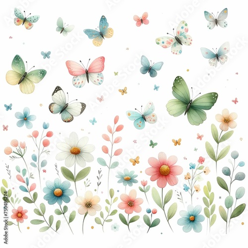 Butterflies fluttering among flowers. watercolor illustration, garden scene with butterflies fluttering among the blooms. 