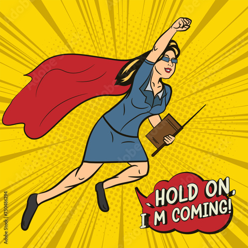Teacher Women Super Hero Pop Art Comic Vector Illustration