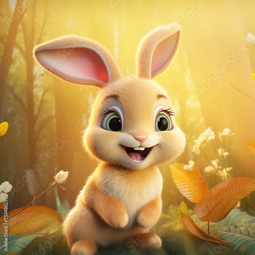 A cute cartoon bunny Infront of a bright and sunny forest scene  © Frederick