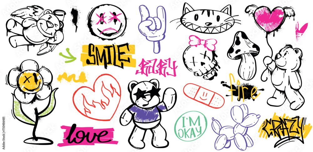 Spray paint graffiti element set of bears, flower, heart, mushroom, cat, skull, plaster, smile and cool gesture. Grunge ink graphic symbols and color street art tags isolated on white background. Spray paint graffiti element set of bears, flower, heart, mushroom, cat, skull, plaster, smile and cool gesture. Grunge ink graphic symbols and color street art tags isolated on white background.