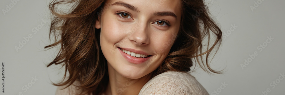 A beautiful young caucasian girl with dark hair smiles happily. A beautiful young caucasian girl with dark hair smiles happily.