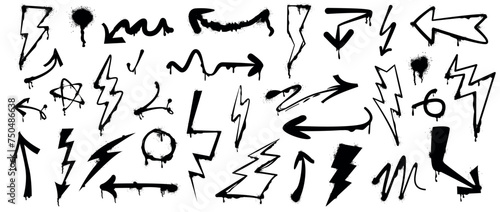 Set of spray paint arrows  drips and lightning bolts with graffiti effect. Black inky blots  thunder electricity symbol with ink splatters in urban street style. Brush lines and electric power sign.