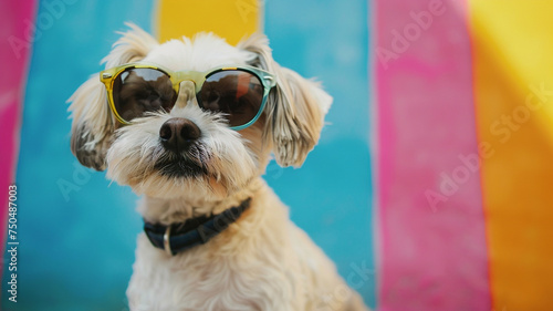 cute dog with sunglasses on colorful background with wide space for text © Yuwarin