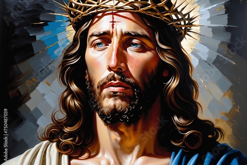 Ölgemälde von Jesus, Ostern, Heiland, Heiler, mit einer Dornenkrone, blutig und geschlagen, am Ostersonntagmorgen auf Leinwand. Gold, Schwarz, Blau, Rot und Grau. photo