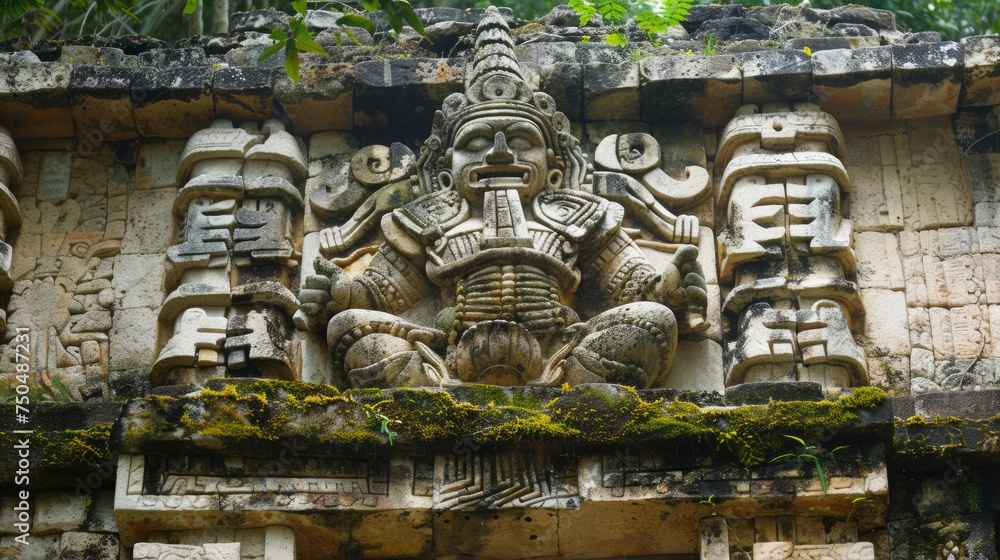 A Mayan God sculpture in lotus position is seen on a building at the ancient Mayan city of Yaxchilan, Chiapas, Mexico