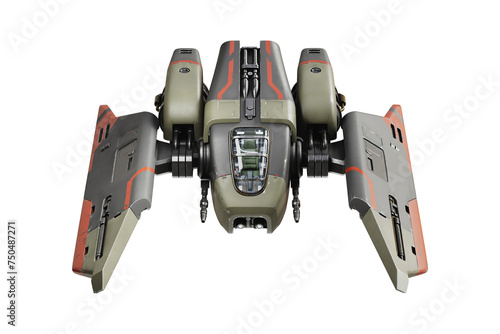 Tableau sur toile Concept art of an assault fighter, gunship with scratched metal grey-green, orange paint, turbines, guns