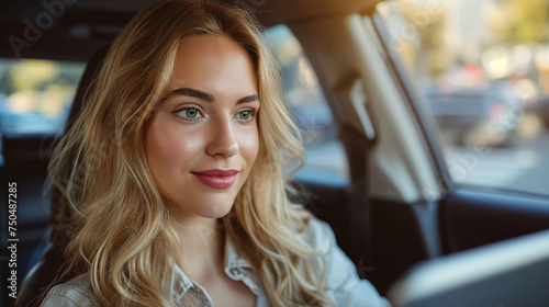 Portrait of smiling blonde woman sitting in a car, with soft focus background and natural lighting © amixstudio