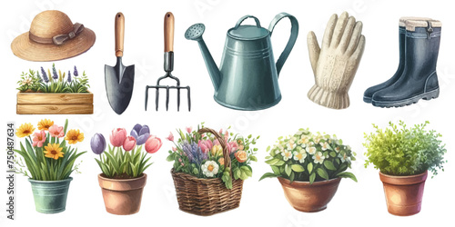 Watercolor illustration material set of gardening photo