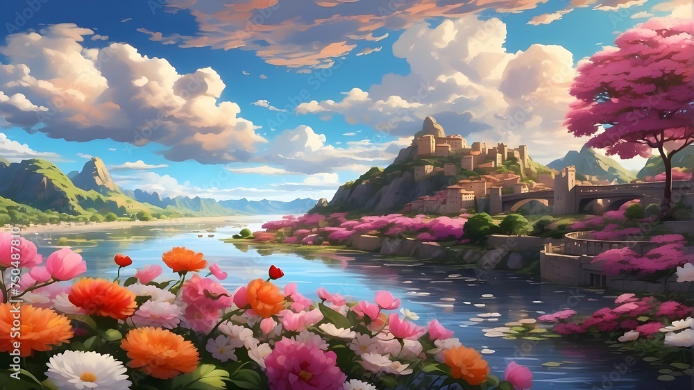 "Experience the breathtaking beauty of a 4k ultra HD anime-style image, featuring a stunning flower garden nestled along the banks of a serene river. Marvel at the intricate details of each petal and  - obrazy, fototapety, plakaty 