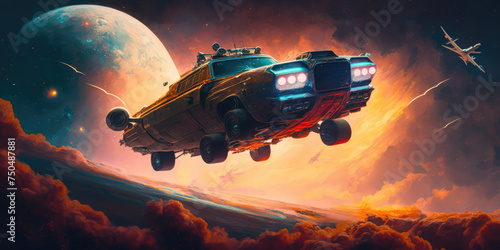 Post-apocalyptic flying car in space, planets, stars, jet propulsion, junk car, generative AI, nuclear universe, futuristic