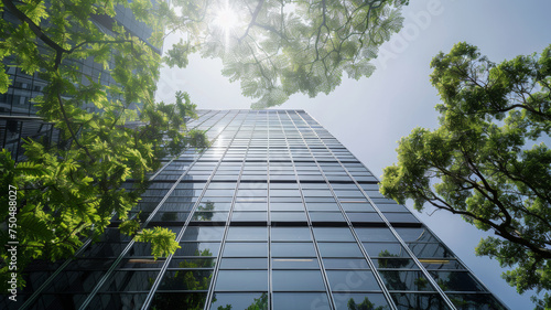 Looking up at a gleaming skyscraper amongst lush trees under a clear sky.