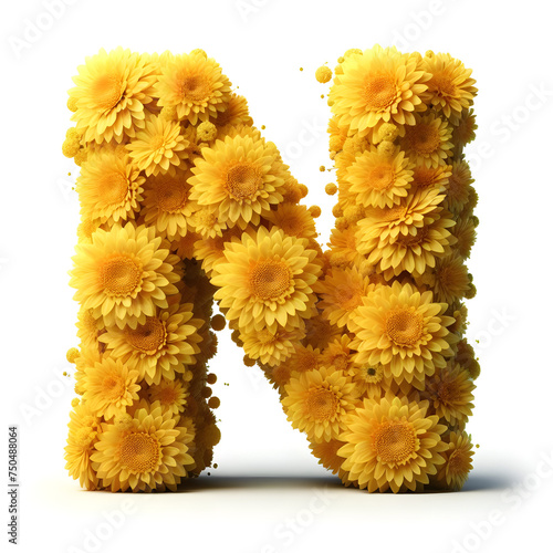 The letter N is made out of real natural Yellow flowers, Isolated on a white background, flower font concept, Creative Alphabet, Letters photo