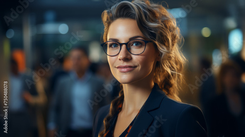 Close Portrait of a caucasian Business Woman with glasses and long curved hair and blue jacket with a blurry office in background