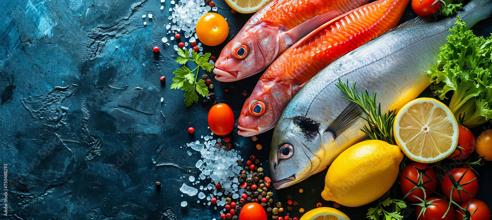 Fresh fish with fruit and vegetable, concept of heathy food  - obrazy, fototapety, plakaty 