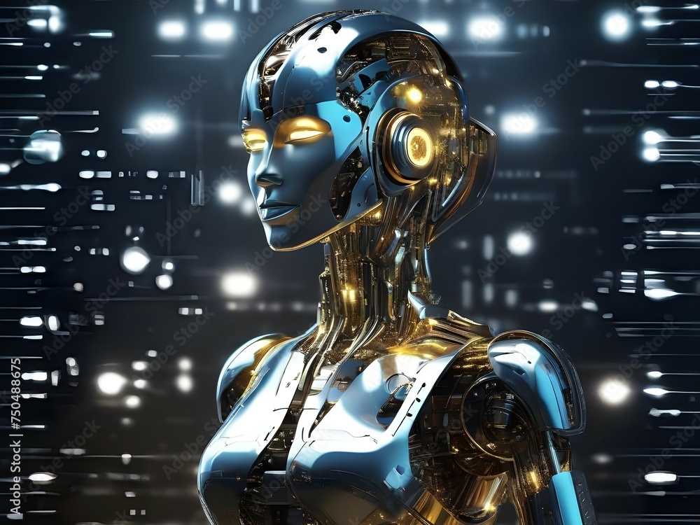 A futuristic female android robot with a glossy body and golden illuminated eyes, set against a digital backdrop. Perfect for tech and AI concepts. generative ai A futuristic female android robot with a glossy body and golden illuminated eyes, set against a digital backdrop. Perfect for tech and AI concepts. generative ai
