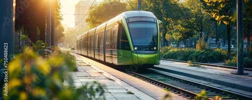 A green city tram moving through a tree-lined street, embodying sustainable public transportation and urban planning, perfect for promoting eco-friendly city initiatives and reducing carbon emissions.