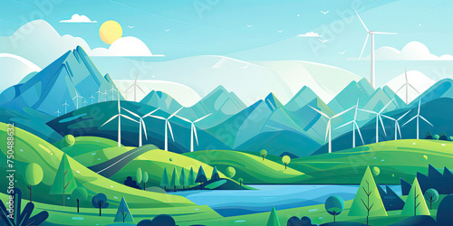 renewable energy farm with wind turbines among lush green hills under a bright sky, this image could be used in educational materials to discuss sustainable energy or as a website banner for Earth Day