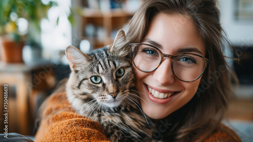 Smiling woman working from home with her cat on the desk next to a computer. photo